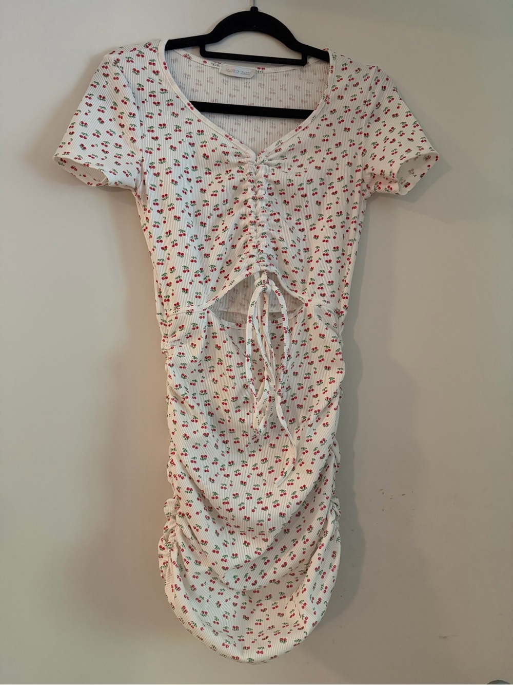 White Cherry Print Ruched Midi Dress